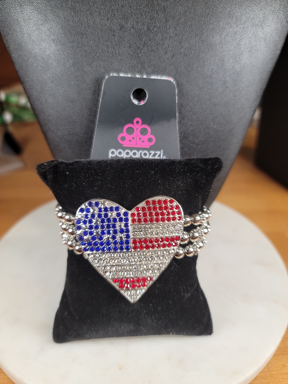 paparazzi Red, Blue, Silver Rhinestone American Flag Heart Bracelet